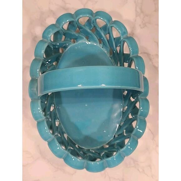 Dept. 56 Ceramic Woven Basket Turquoise Vintage Made In Italy 9" x 6" x 6.25" - Picture 3 of 9